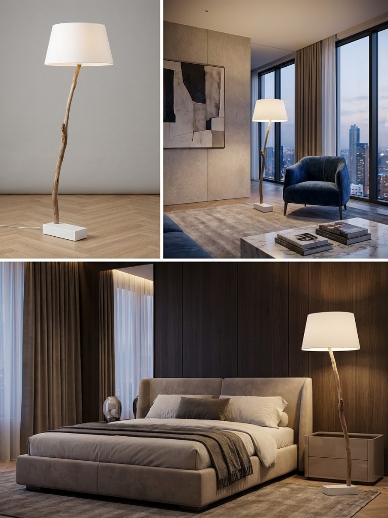 Vloerlamp van een gebogen houten tak met wit voetstuk en lampenkap in verschillende interieurs